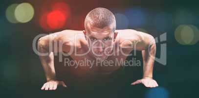 Composite image of confident shirtless athlete doing push ups