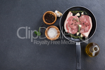 Sirloin chop in frying pan with ingredients