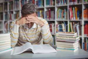 Tensed school teacher studying in library