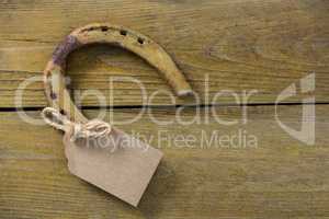 Horseshoe with empty tag on wooden surface