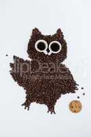 Coffee beans and cups forming owl with cookie