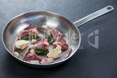 Rib chop and herbs in frying pan