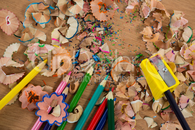Colored shavings with colored pencils and sharpener