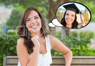 Thoughtful Young Woman with Herself as a Graduate Inside Thought