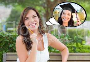 Thoughtful Young Woman with Herself as a Graduate Inside Thought
