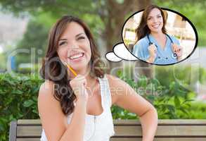 Thoughtful Young Woman with Herself as a Doctor or Nurse Inside