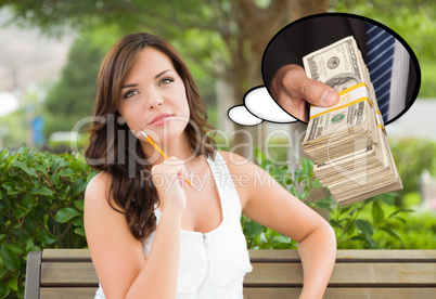Thoughtful Young Woman with Hand Holding Stack of Money Inside T