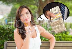 Thoughtful Young Woman with Hand Holding Stack of Money Inside T