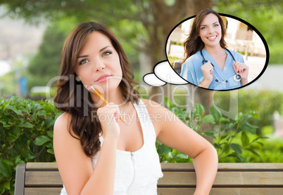 Thoughtful Young Woman with Herself as a Doctor or Nurse Inside