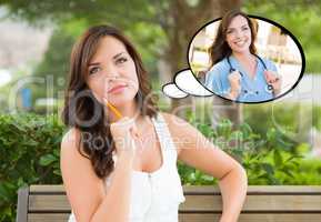 Thoughtful Young Woman with Herself as a Doctor or Nurse Inside