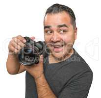 Goofy Hispanic Young Male With DSLR Camera Isolated on a White B