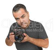 Handsome Hispanic Young Male With DSLR Camera Isolated on a Whit