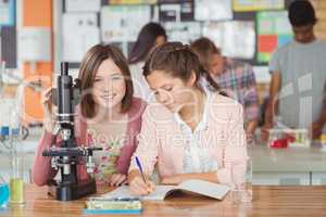 Students experimenting on microscope in laboratory