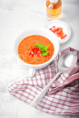 Bowl of Fresh tomato soup Gazpacho.