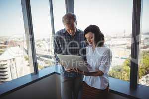 Executives using laptop near the window