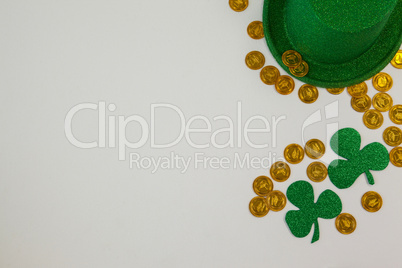 St. Patricks Day leprechaun hat, shamrocks and chocolate gold coins