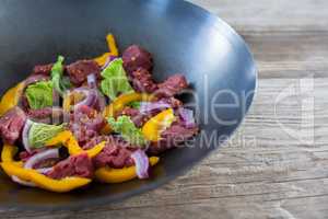 Diced beef in frying pan