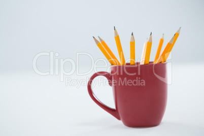 Yellow color pencils kept in mug on white background