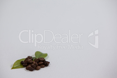 Roasted coffee beans with coffee leaves