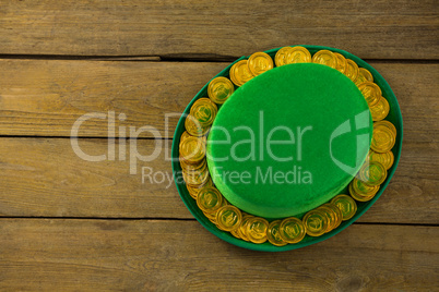 St Patricks Day leprechaun hat with gold chocolate gold coins