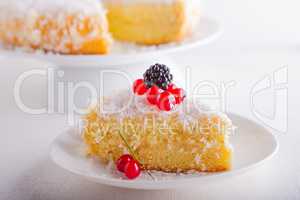 A piece of Homemade coconut cake on a white plate