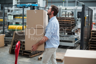 Factory worker carrying cardboard boxes in factory