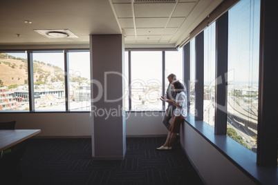 Executives using laptop near the window