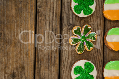 St. Patricks Day cookies decorated with irish flag and shamrock toppings