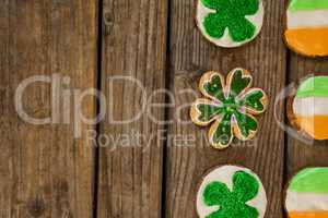 St. Patricks Day cookies decorated with irish flag and shamrock toppings