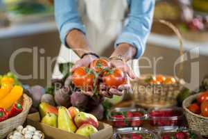 Vendor offering tomatoes at the counter