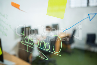 Sticky note and written text on glass wall