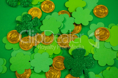 St Patricks Day shamrocks and gold chocolate coin