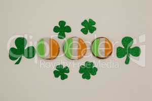 St. Patricks Day cookies decorated with irish flag surrounded with shamrocks