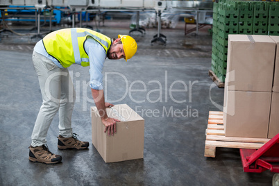 Portrait of factory worker picking up cardboard boxes