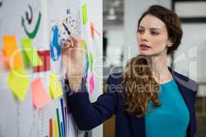 Thoughtful female executive looking at sticky notes on white wall