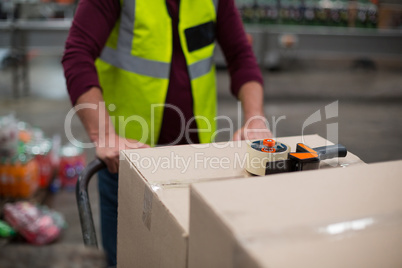 Factory worker pulling trolley of cardboard boxes