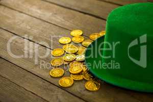 St Patricks Day leprechaun hat with gold chocolate gold coins