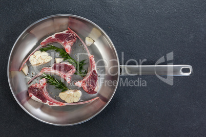 Rib chop and herbs in frying pan