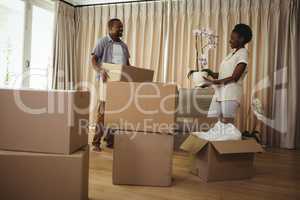 Smiling couple holding card boxes in living room