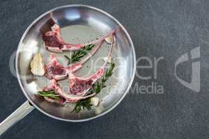 Rib chops and herbs in frying pan