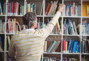Rear view of school teacher selecting book in library