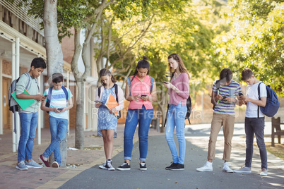 Students using mobile phone on road in campus