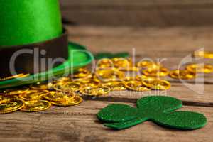 St Patricks Day leprechaun hat with shamrock and gold chocolate coin