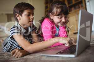 Siblings using laptop in living room