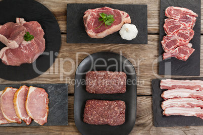 Varieties of meat on black tray