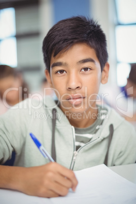 Portrait of schoolboy doing homework in classroom