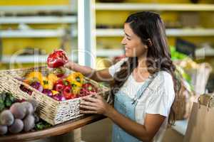 Smiling woman picking bell pepper from the basket