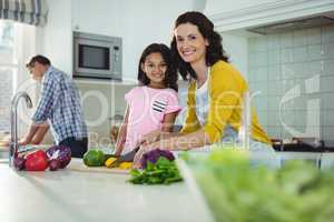 Mother and daughter chopping vegetables in kitchen