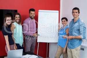 Portrait of smiling business executives discussing over flip chart during meeting