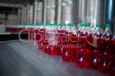 Bottles of juices processing on conveyor belt in factory